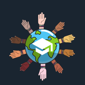Globe with hands around it that are different skin tones representing different races and ethnicities. A mortar board hat is in the center, a common representation of education.