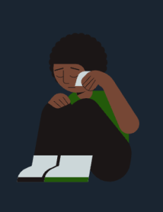 Cartoon image of a person with brown skin and black hair crying.